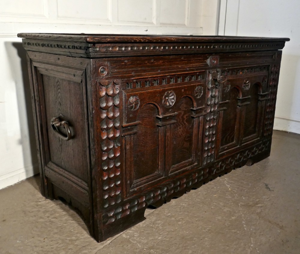 Large 18th Century Carved Oak Cassone, Marriage Chest  View IV