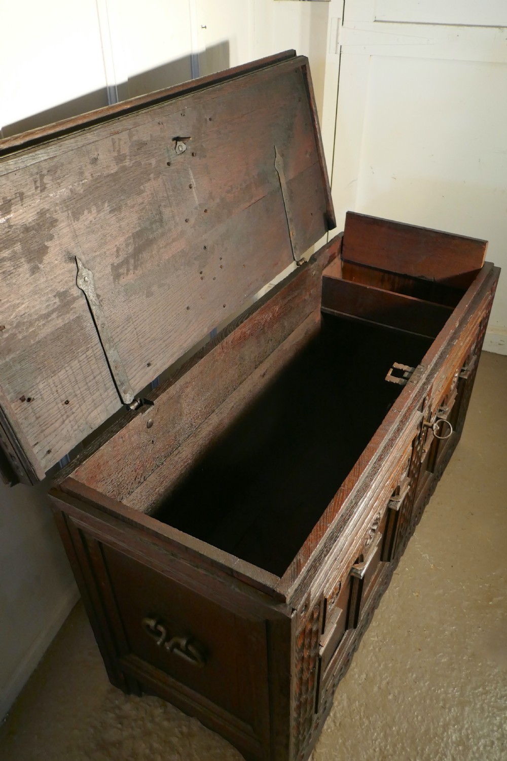 Large 18th Century Carved Oak Cassone, Marriage Chest  View VII