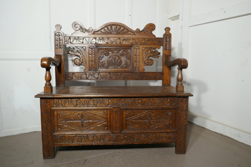 19th Century Welsh High Back Carved Oak Box Settle