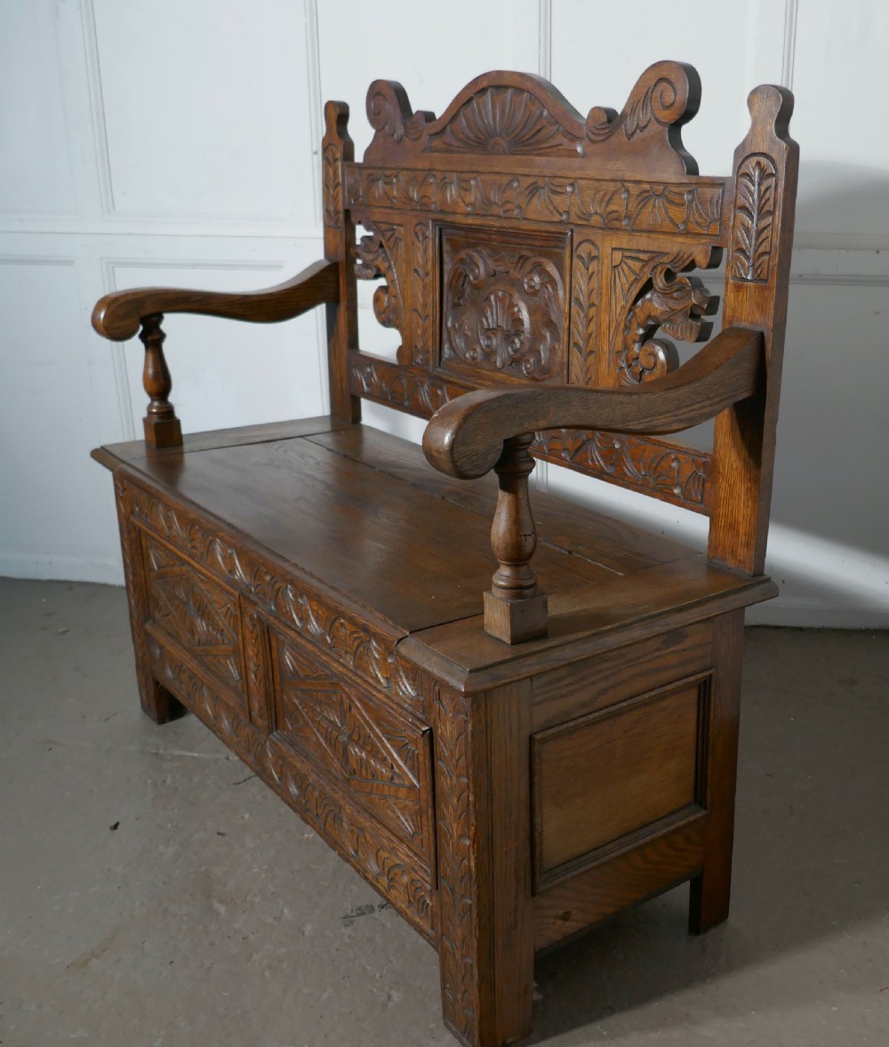 19th Century Welsh High Back Carved Oak Box Settle View VI