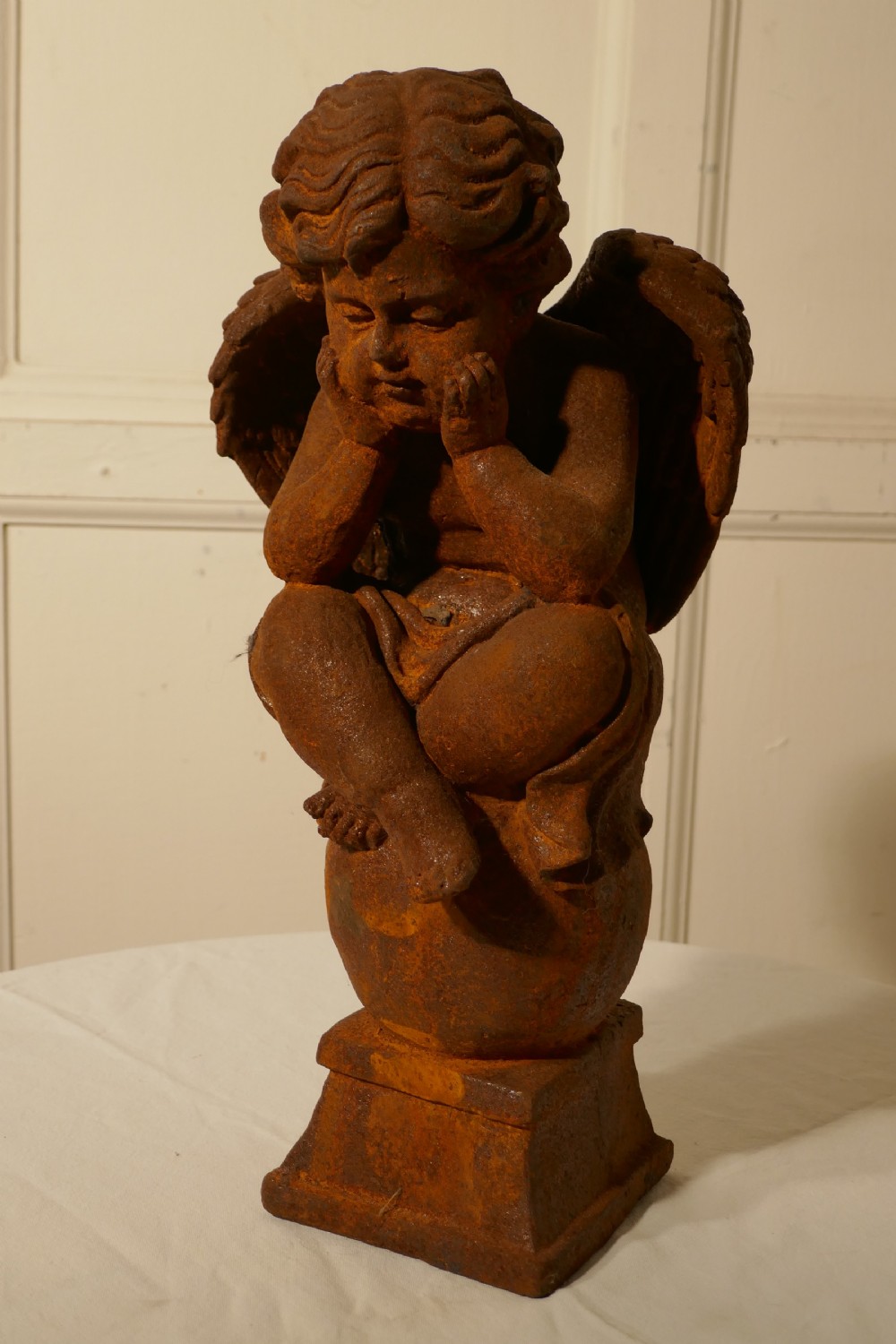 19th Century French Cast Iron Angel, Putti Deep in Thought