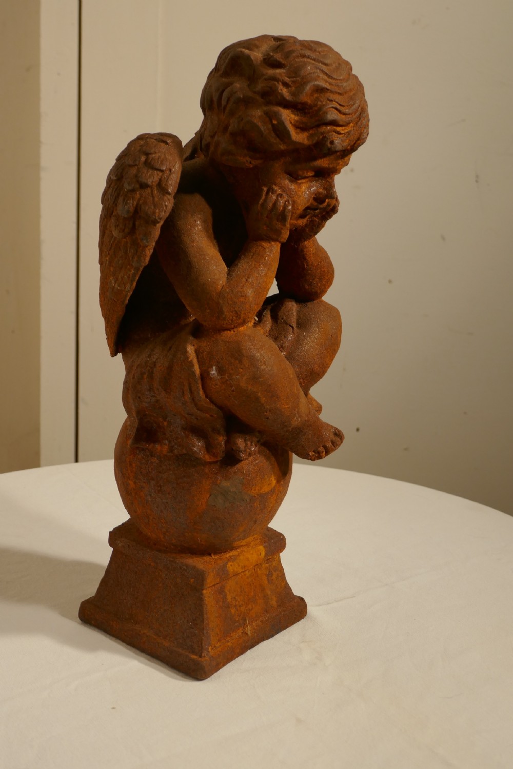 19th Century French Cast Iron Angel, Putti Deep in Thought View III