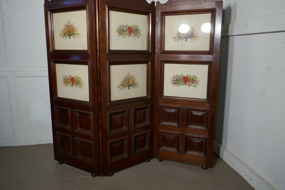 Very Unusual 3 Fold Mahogany Room Divider with Hunting Prints View V