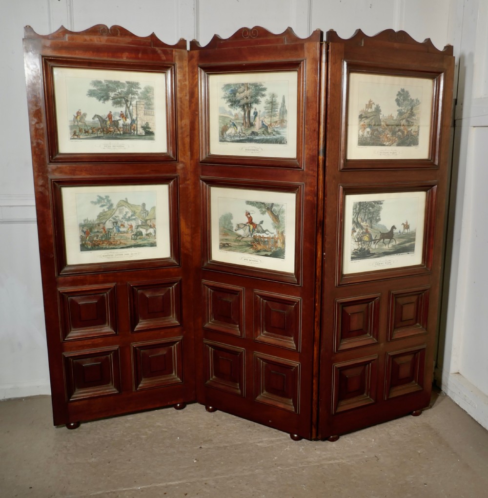 Very Unusual 3 Fold Mahogany Room Divider with Hunting Prints View X