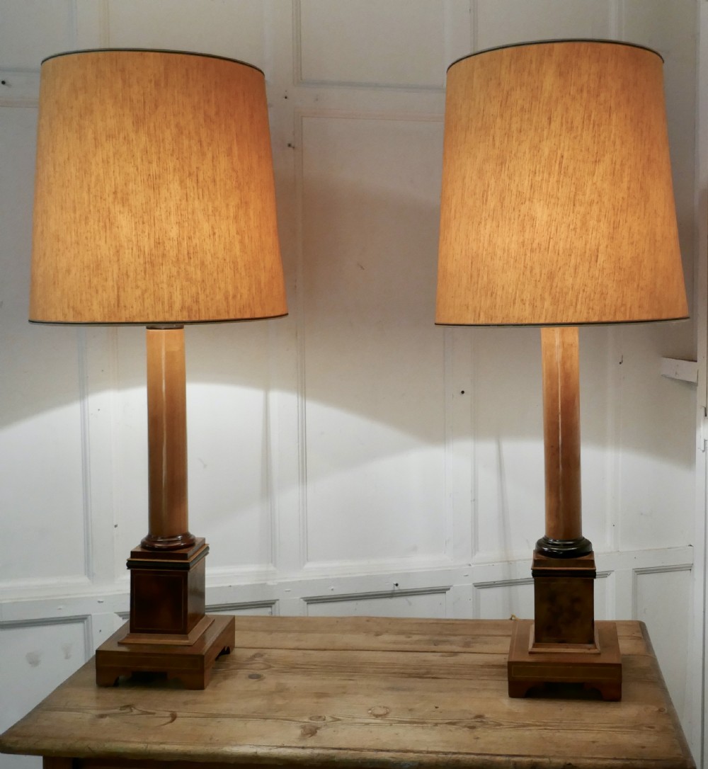 Pair of  Tall Art Deco Maple and Walnut Column Table Lamps