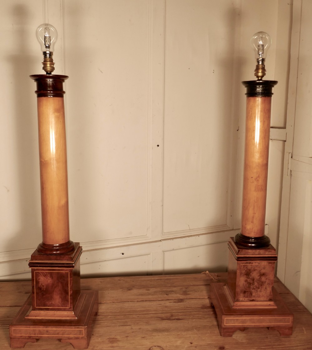 Pair of  Tall Art Deco Maple and Walnut Column Table Lamps View IV