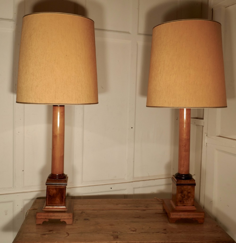 Pair of  Tall Art Deco Maple and Walnut Column Table Lamps View VII