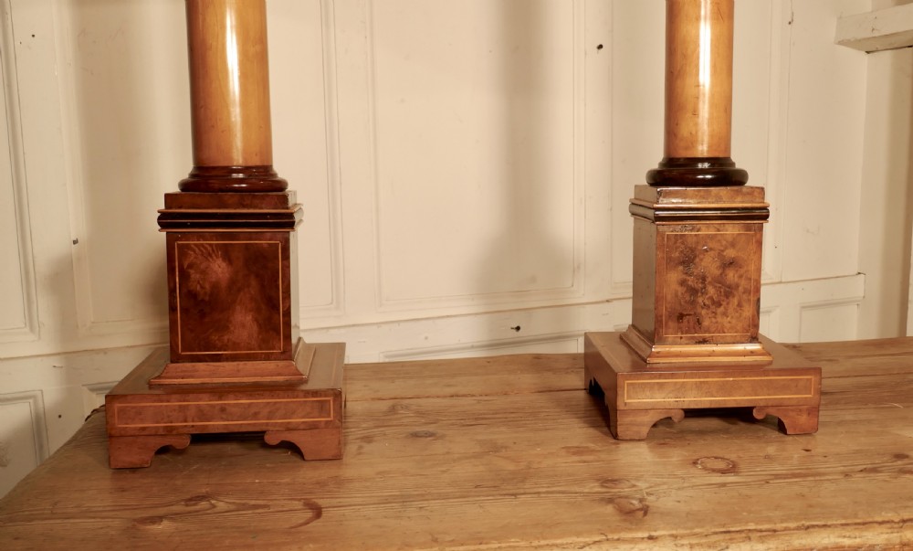 Pair of  Tall Art Deco Maple and Walnut Column Table Lamps View VIII