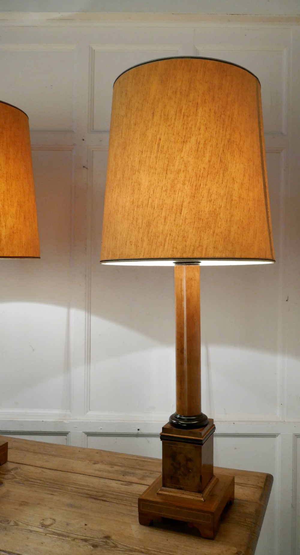 Pair of  Tall Art Deco Maple and Walnut Column Table Lamps View IX