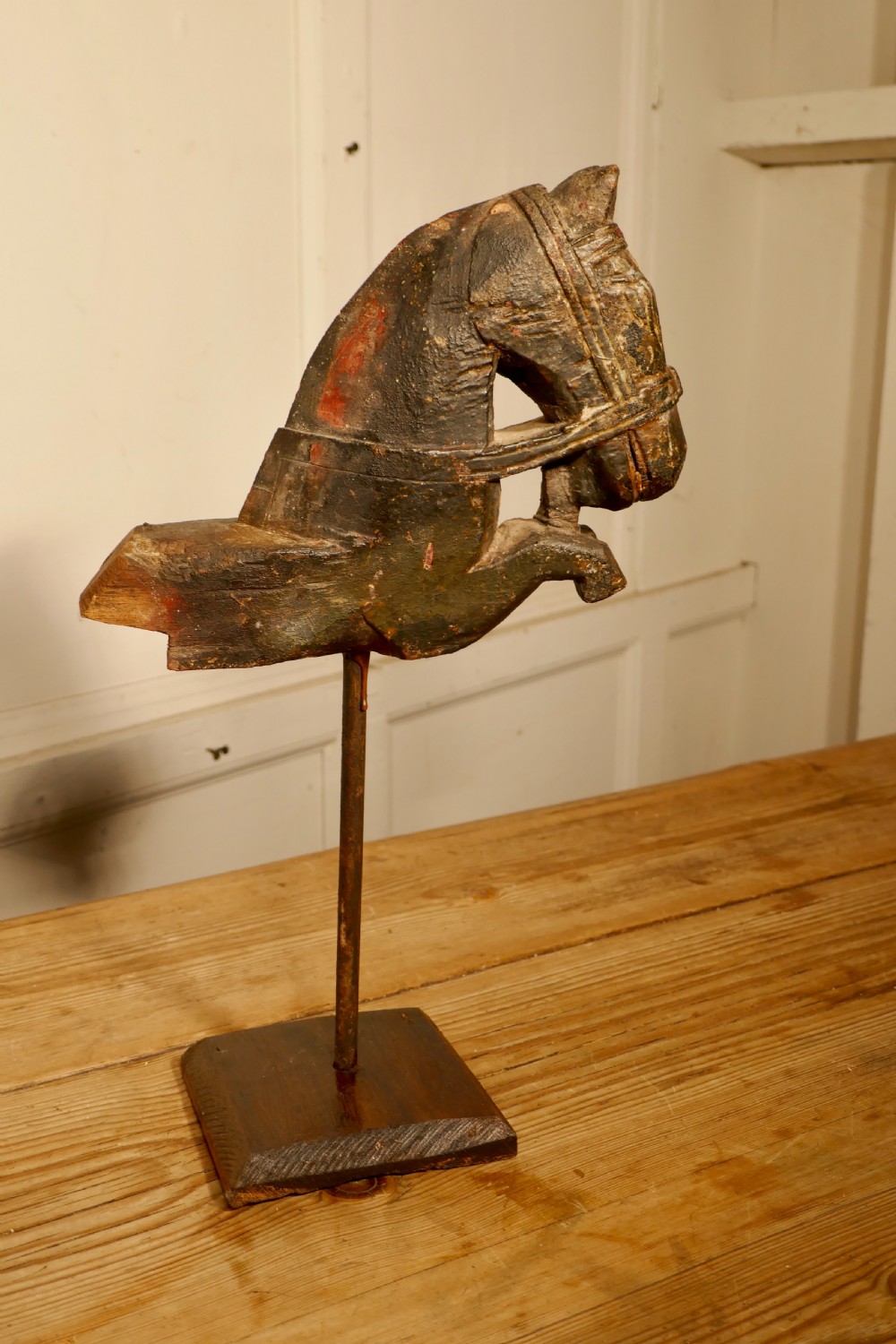 Primitive Architectural Carved Wood Mounted Indian Horse Head  View VI