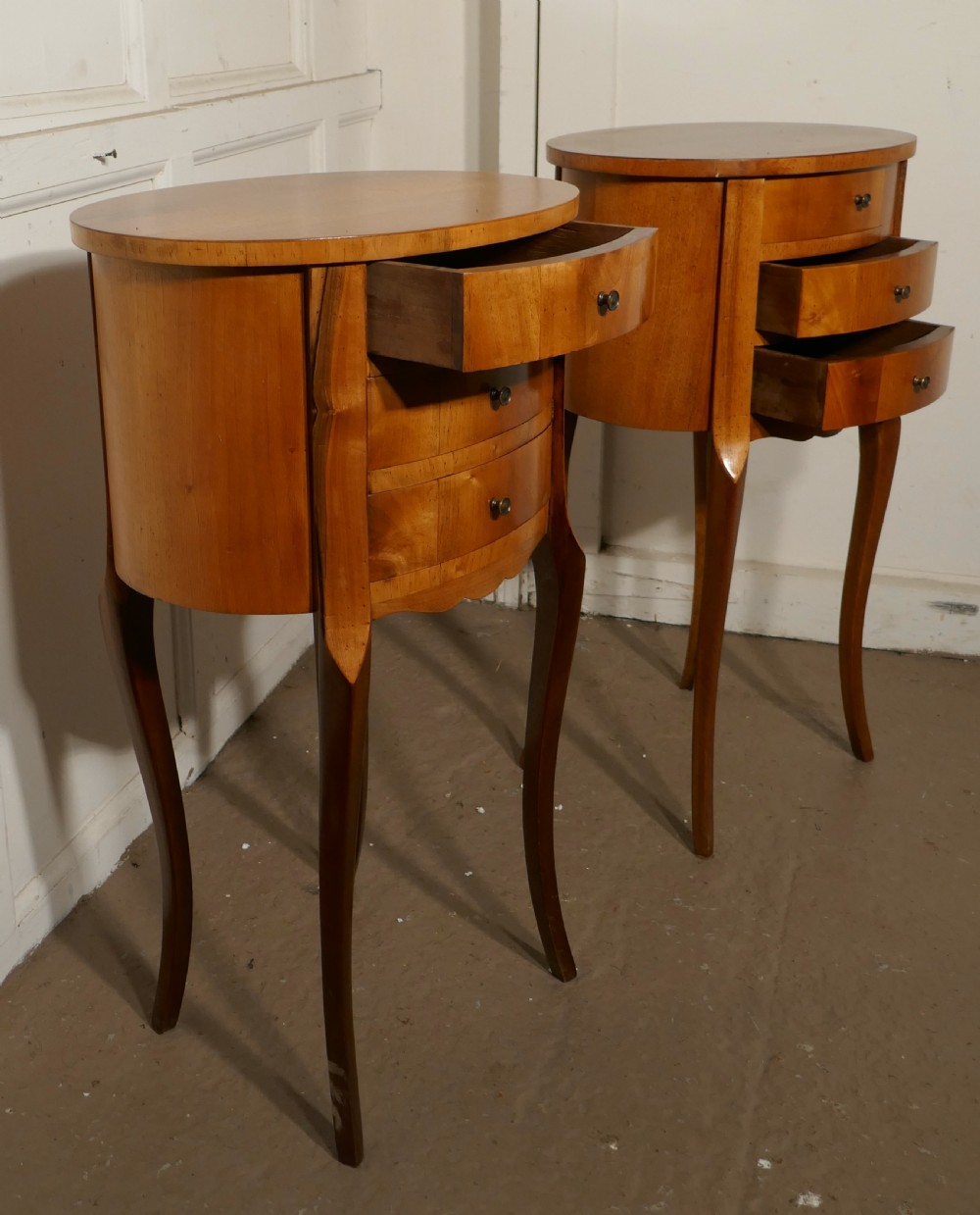 Pair of French Golden Cherry Oval Bedside Cabinets  View III