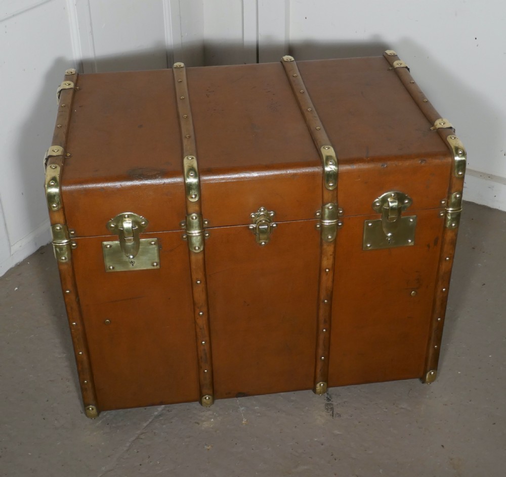 Large Tan Canvas, Wood and Brass Bound Steamer Trunk, 