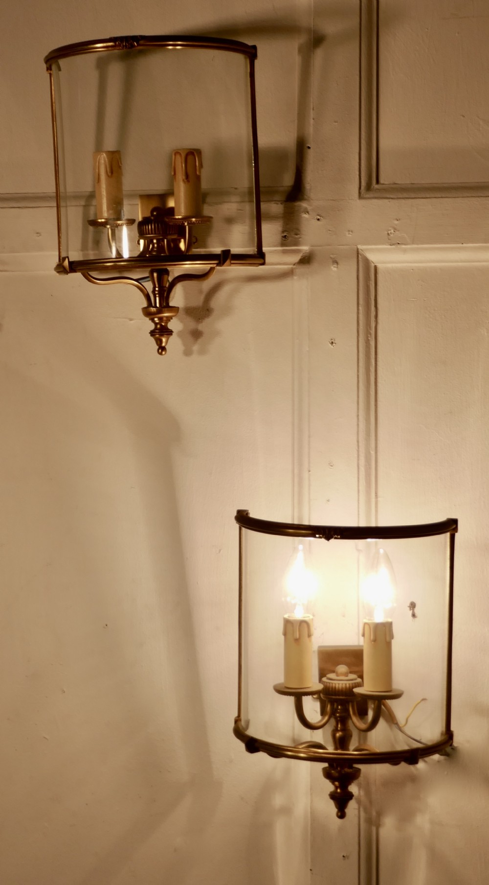 A Pair of French twin Light Brass Convex Wall Lanterns