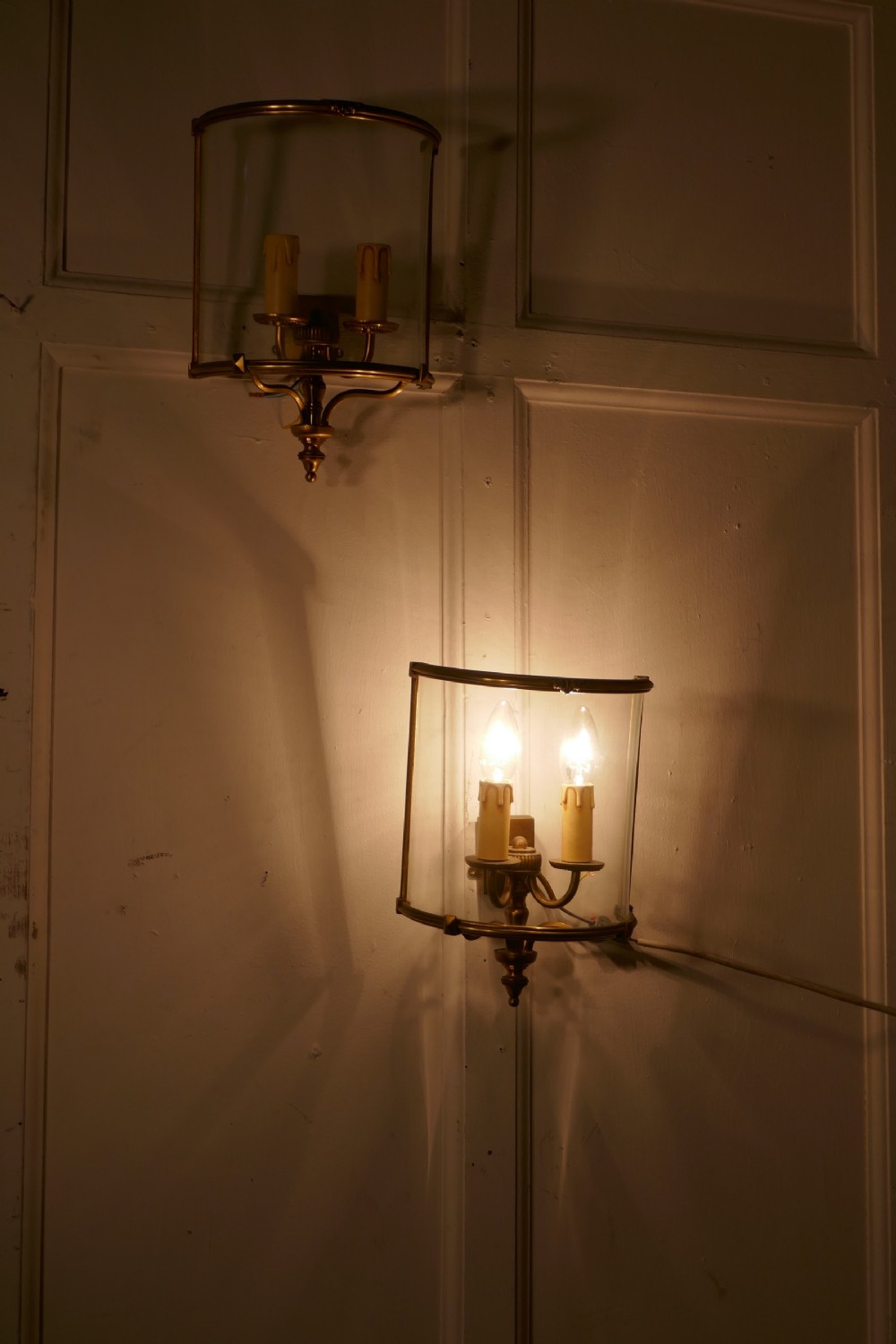 A Pair of French twin Light Brass Convex Wall Lanterns View II
