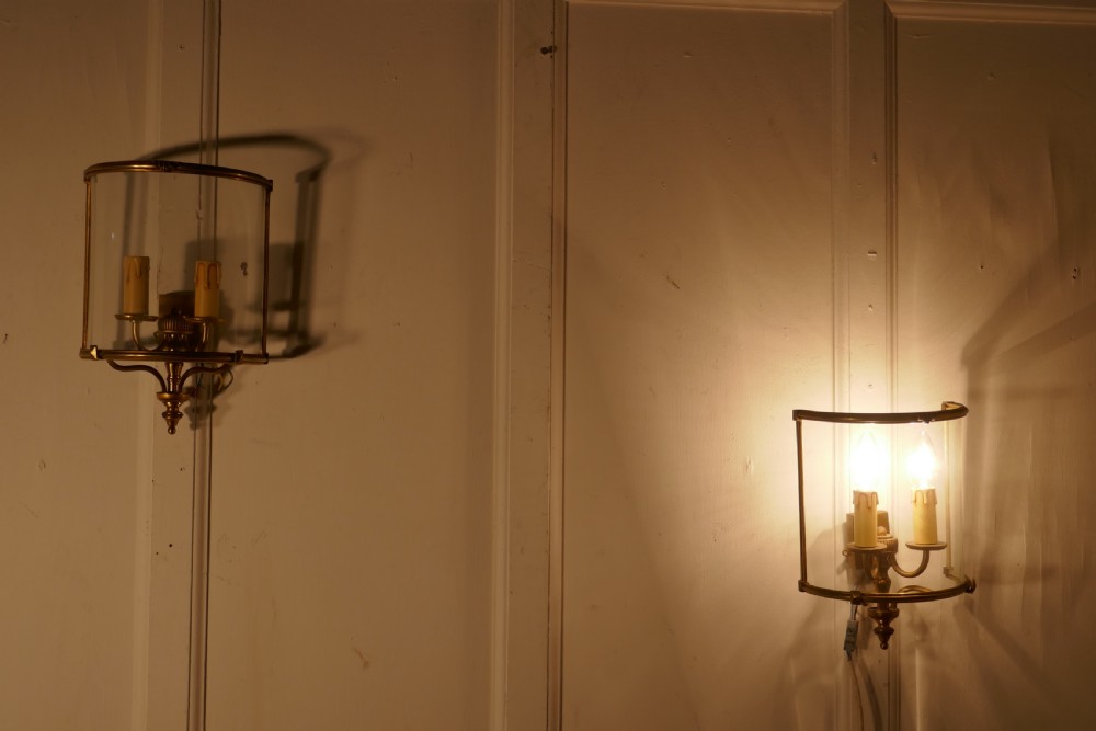 A Pair of French twin Light Brass Convex Wall Lanterns View VII