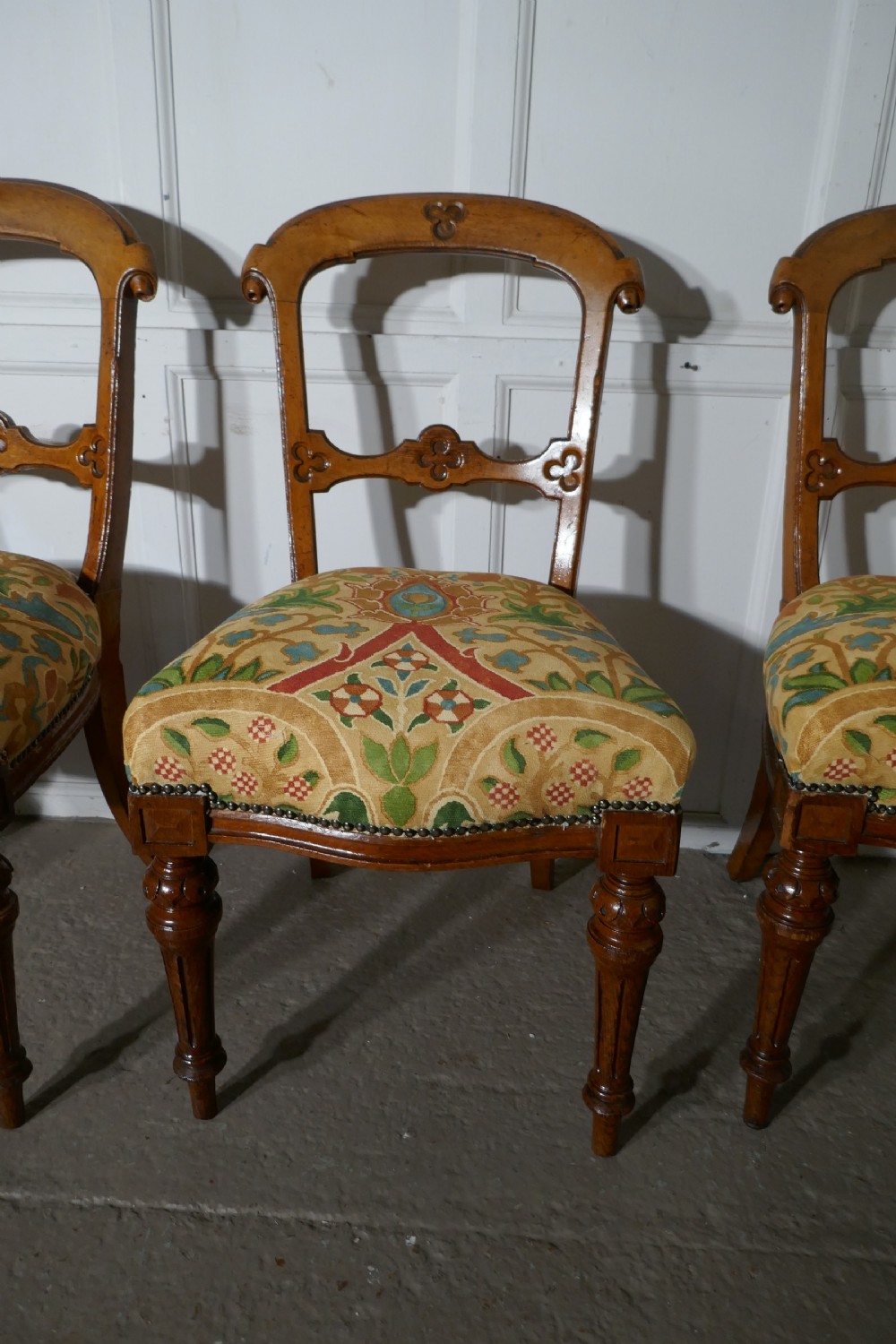 Set of 6 Arts and Crafts Gothic Golden Oak Dining Chairs View IV