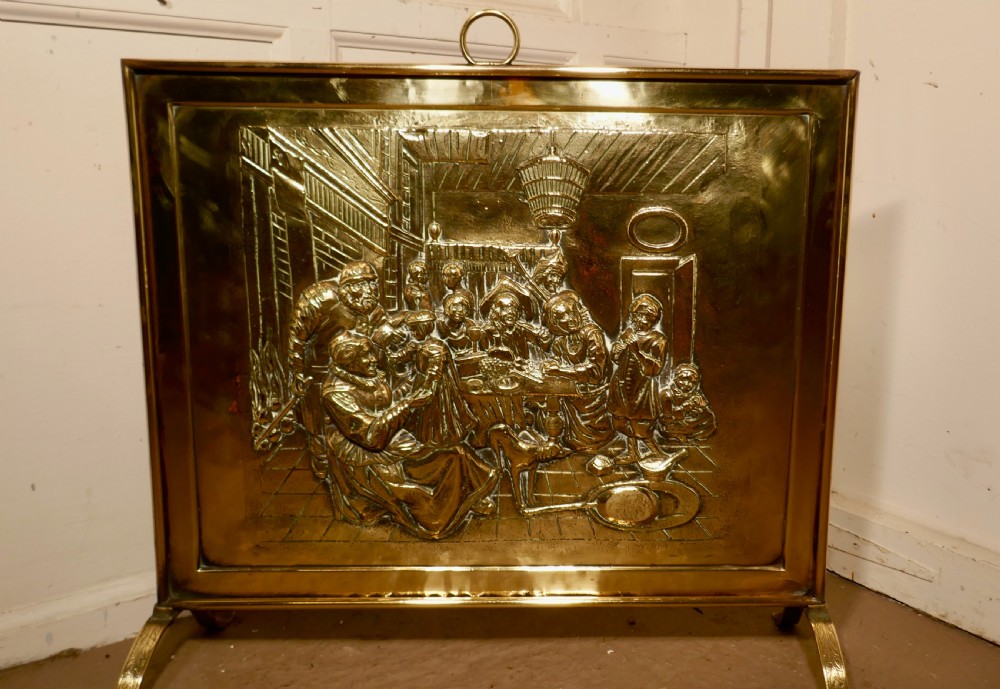 A Large Victorian Musicians Scene Brass Fire Screen