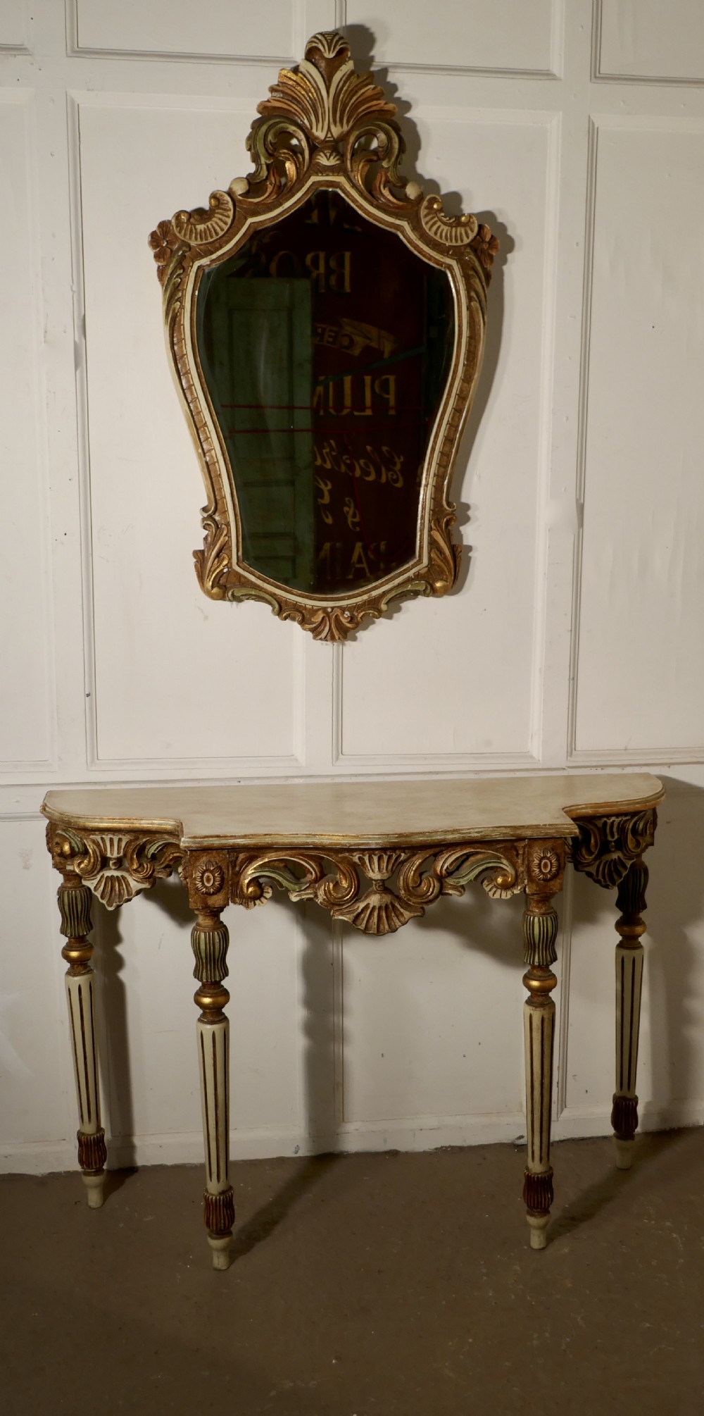 Carved and Painted Italian Console or Hall Table with Matching Mirror