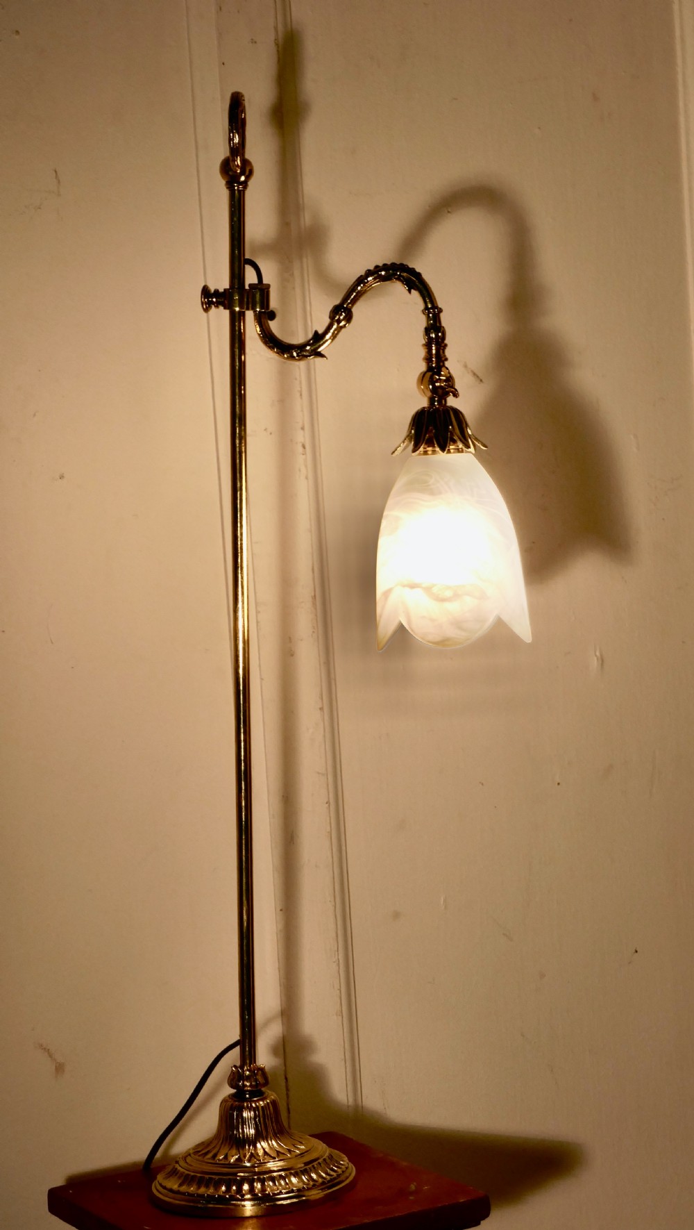 Victorian Brass Desk Lamp with Opaline Glass Shade