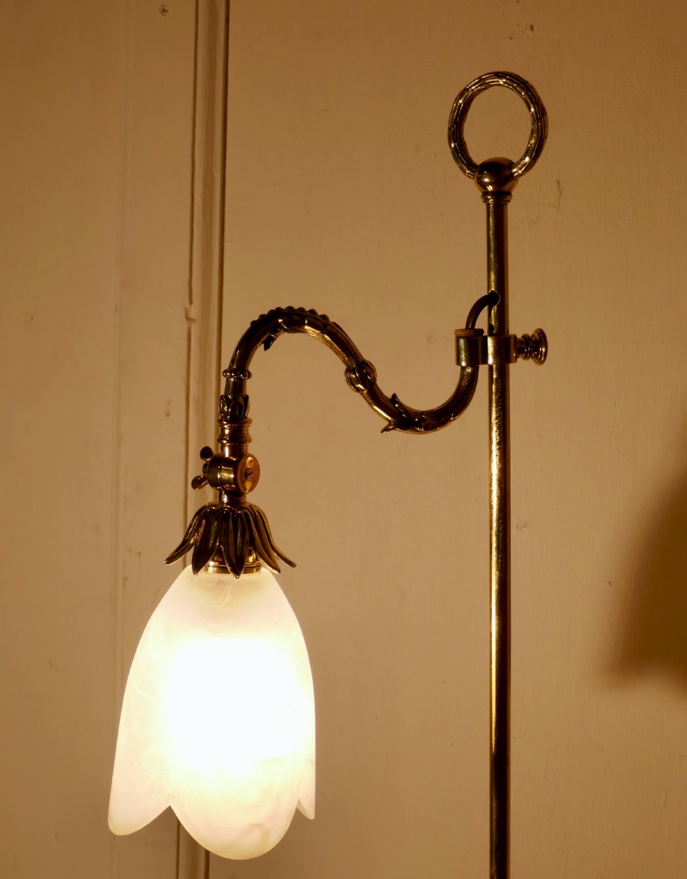 Victorian Brass Desk Lamp with Opaline Glass Shade View VI