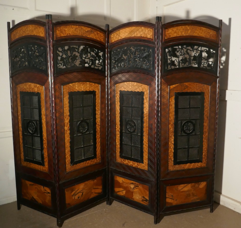 19th Century Japanese Folk Art 4 Fold Screen, Room Divider