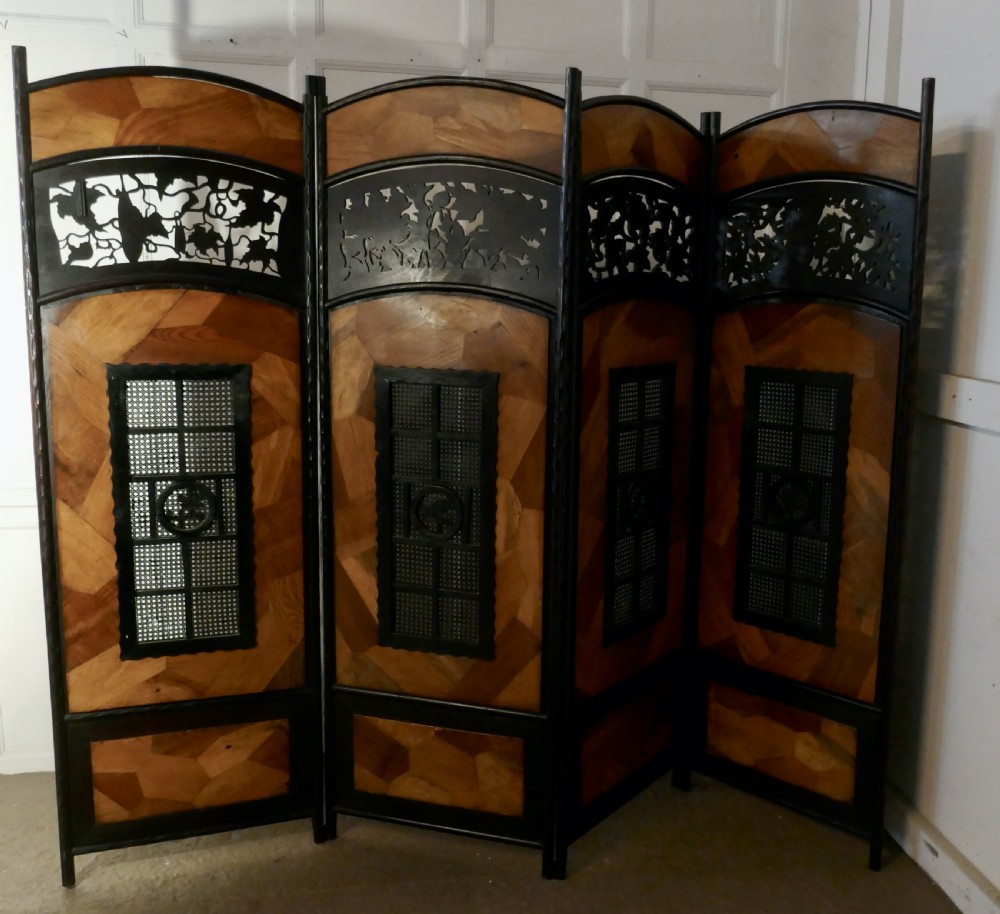 19th Century Japanese Folk Art 4 Fold Screen, Room Divider View VI