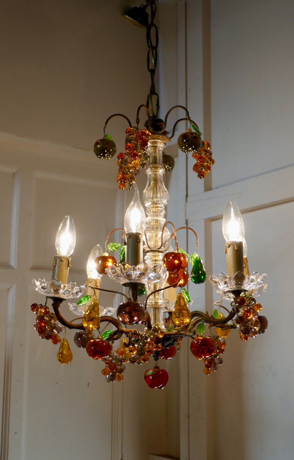 6 Branch Chandelier Hung with Coloured Crystal Fruits, Grapes, Apples and Pears View II