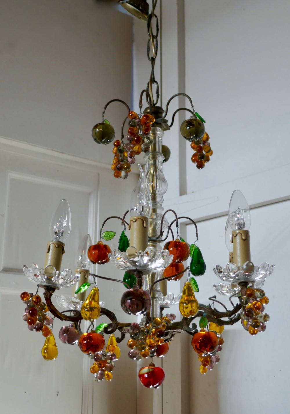 6 Branch Chandelier Hung with Coloured Crystal Fruits, Grapes, Apples and Pears View X