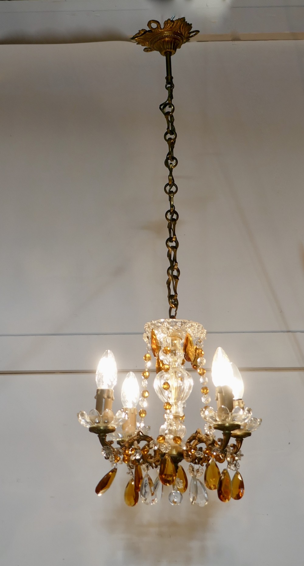 French Amber and White Crystal Chandelier Light Fitting