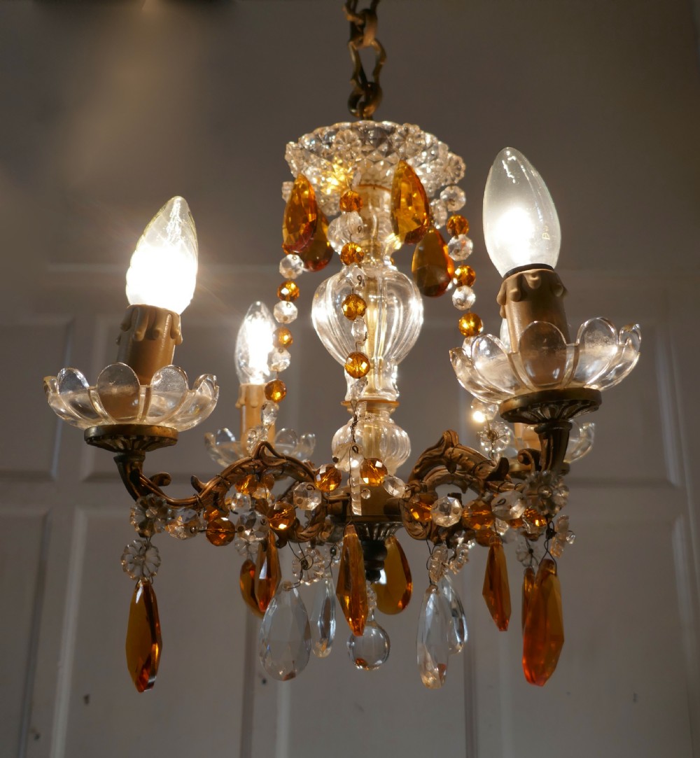French Amber and White Crystal Chandelier Light Fitting View II