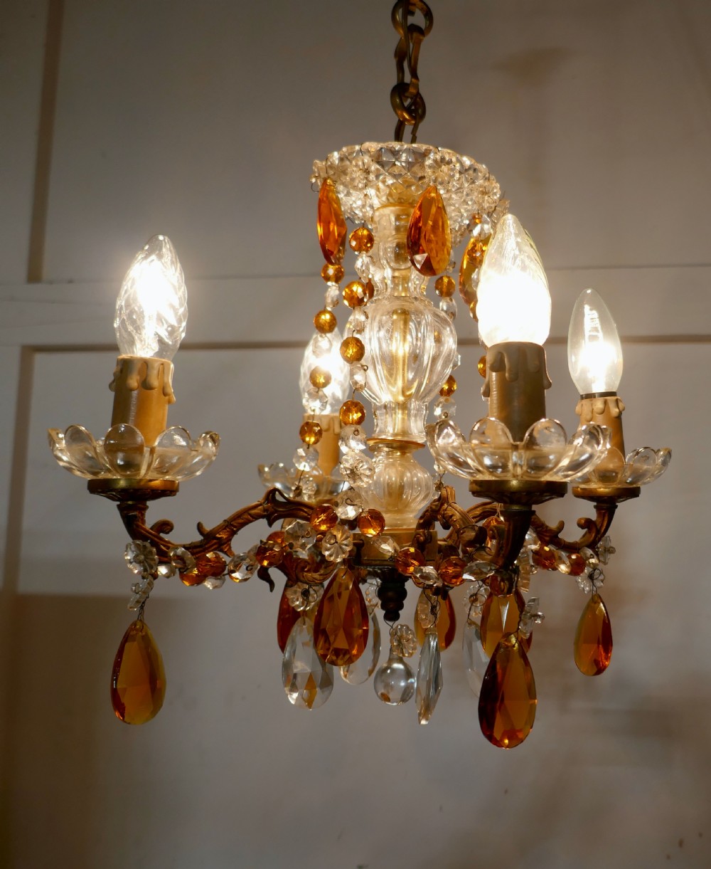 French Amber and White Crystal Chandelier Light Fitting View VI