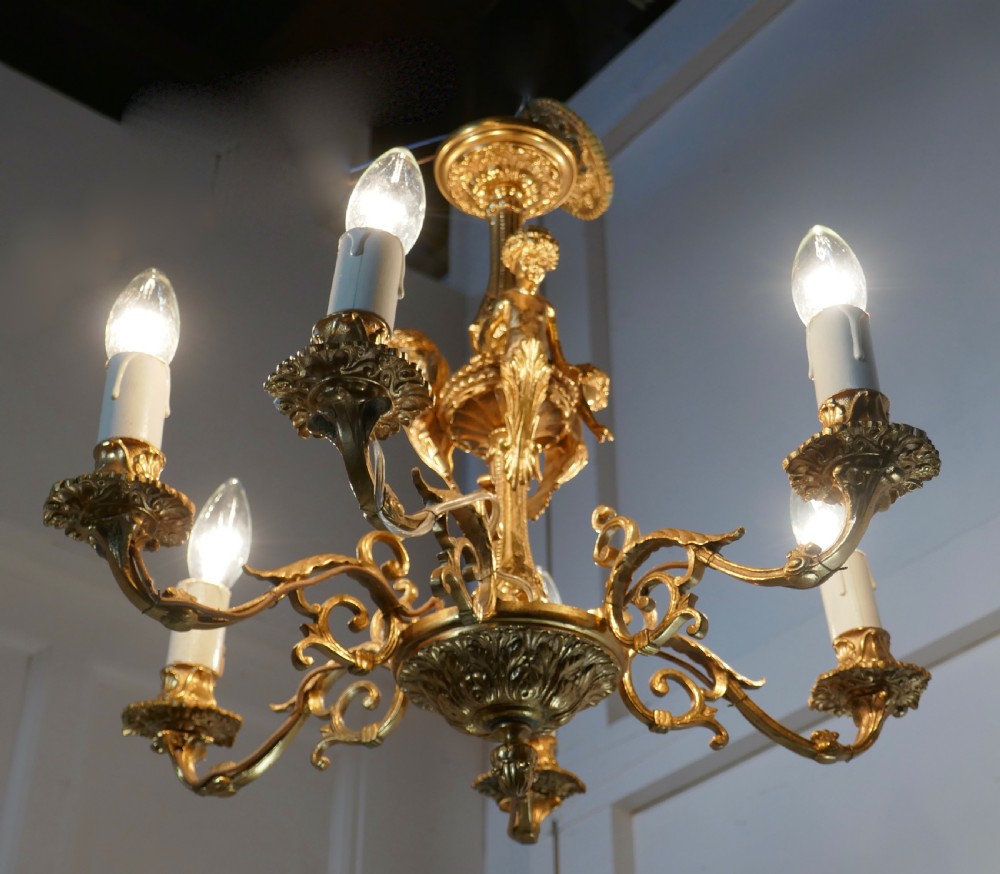 A French Gilded Brass 6 Branch Rococo Cherub Chandelier  View IV