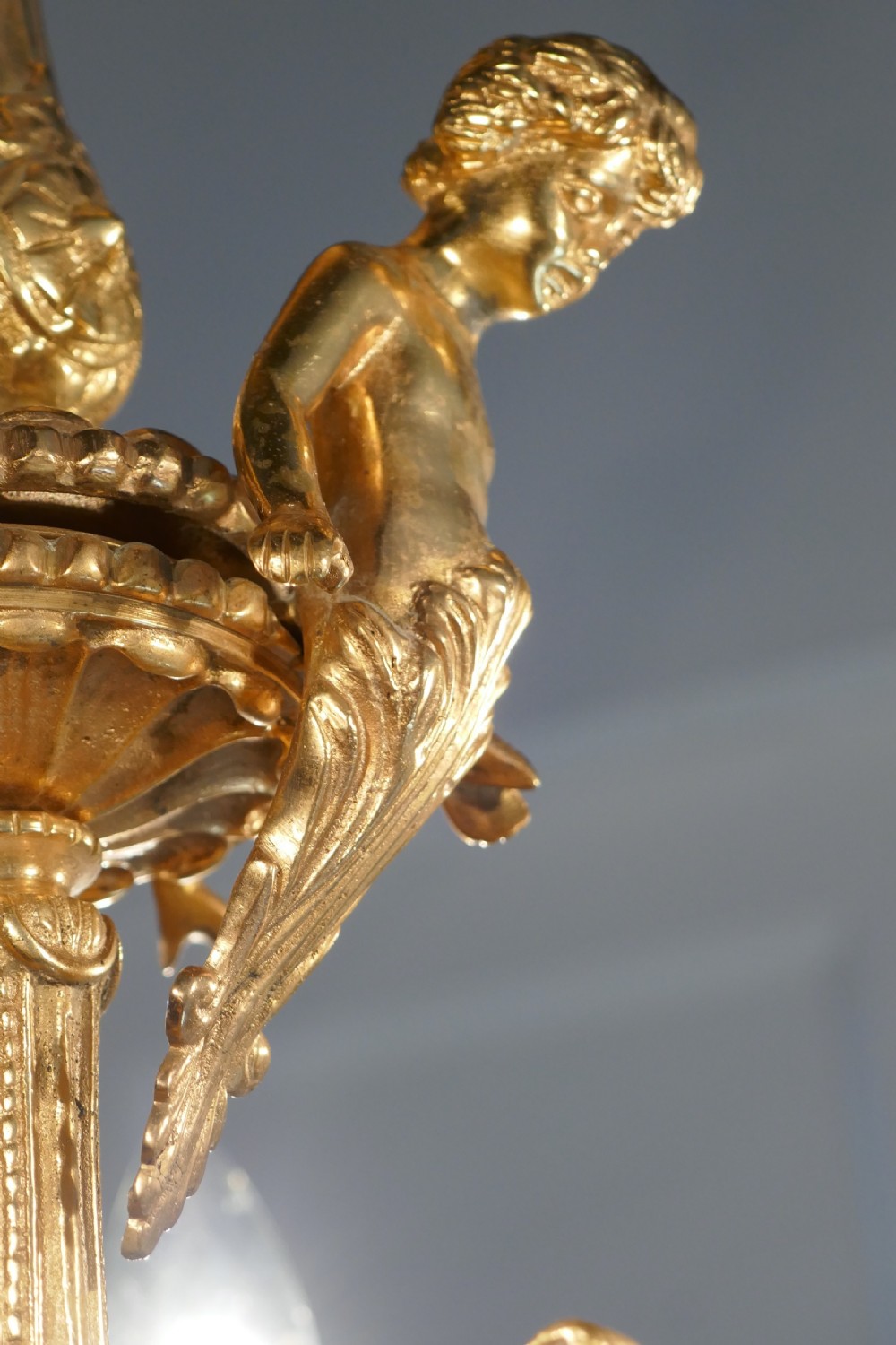 A French Gilded Brass 6 Branch Rococo Cherub Chandelier  View V