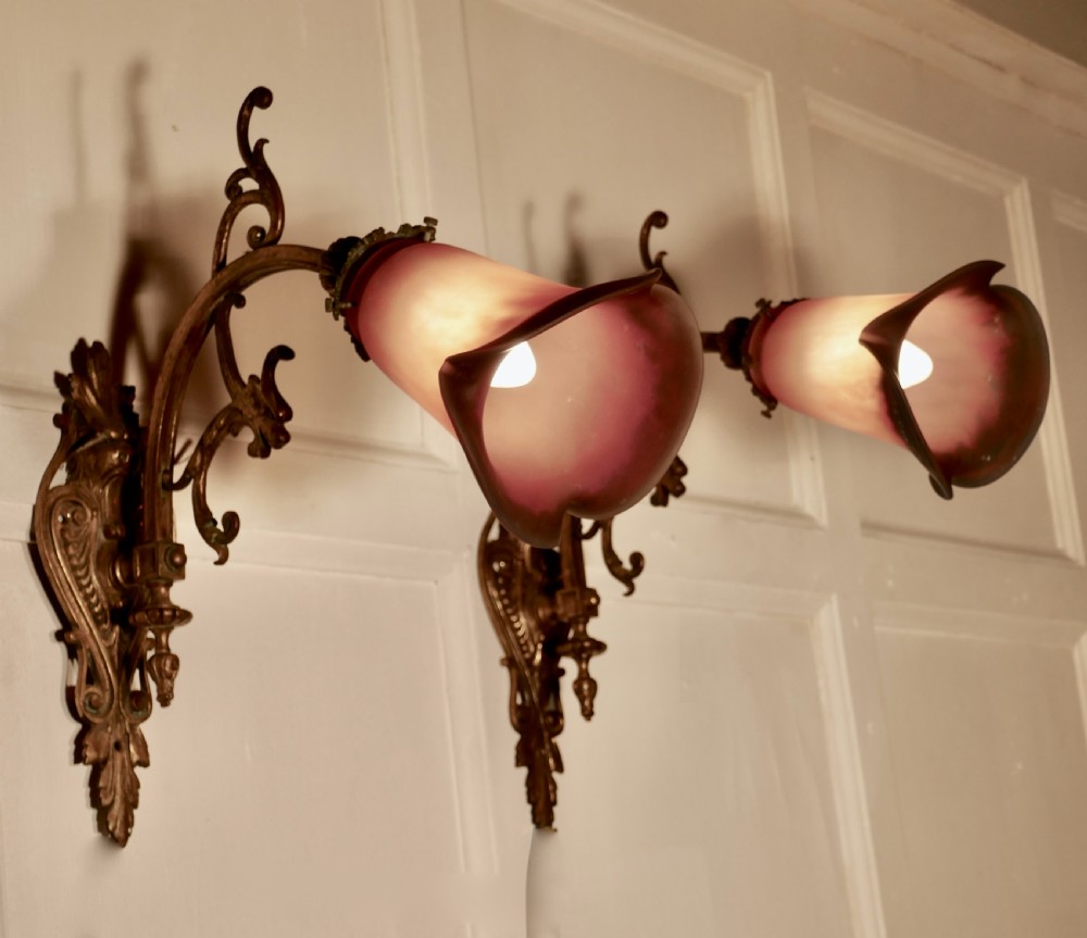Pair of French Gothic Arts and Crafts Degue Wall Sconces by Louis Majorelle 