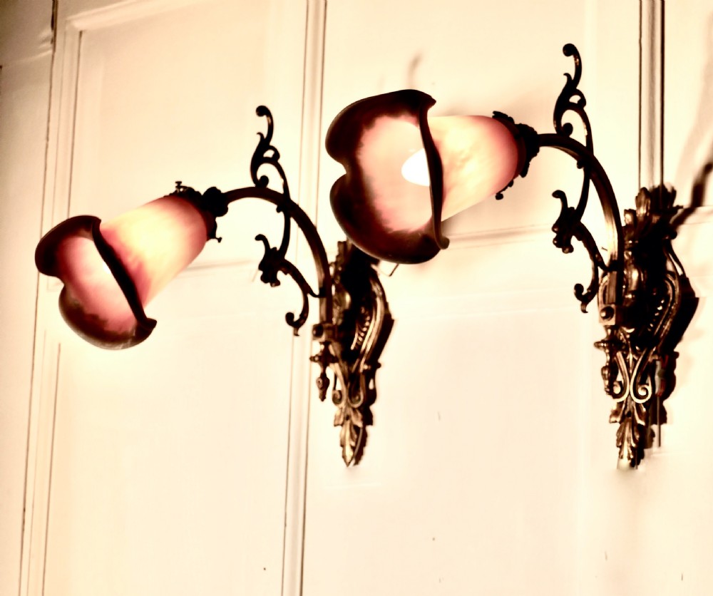 Pair of French Gothic Arts and Crafts Degue Wall Sconces by Louis Majorelle  View VII