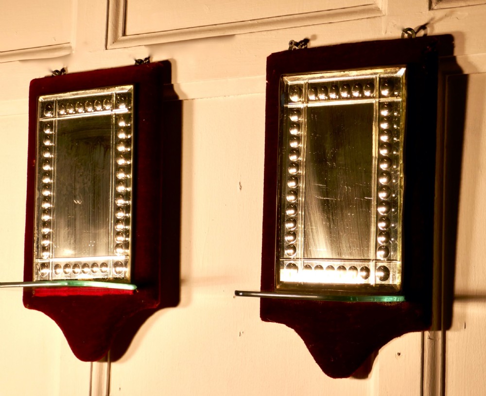Charming Pair of French Red Velvet Boudoir Shelved Wall Mirrors View II