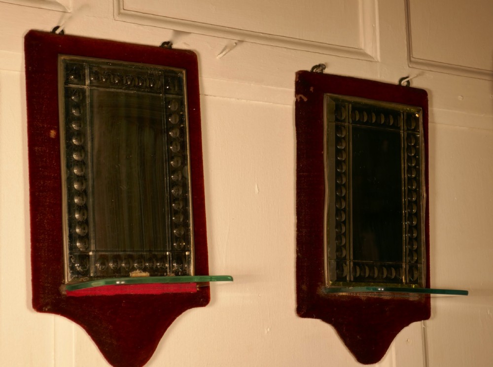 Charming Pair of French Red Velvet Boudoir Shelved Wall Mirrors View IV