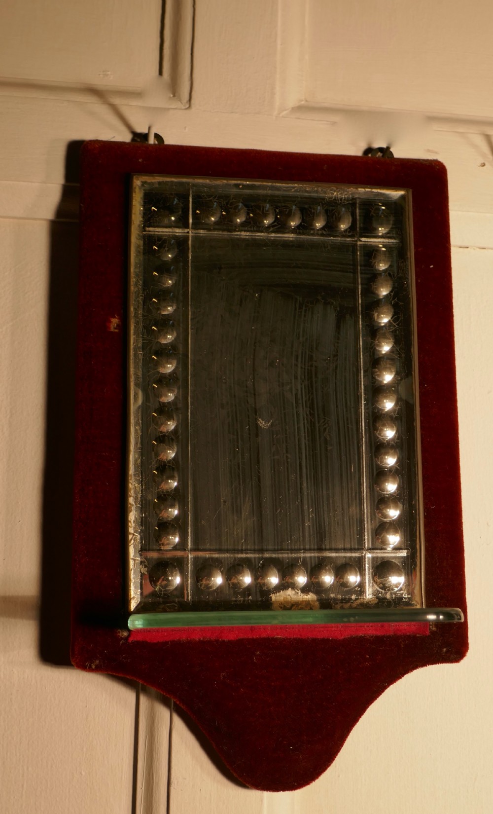 Charming Pair of French Red Velvet Boudoir Shelved Wall Mirrors View V