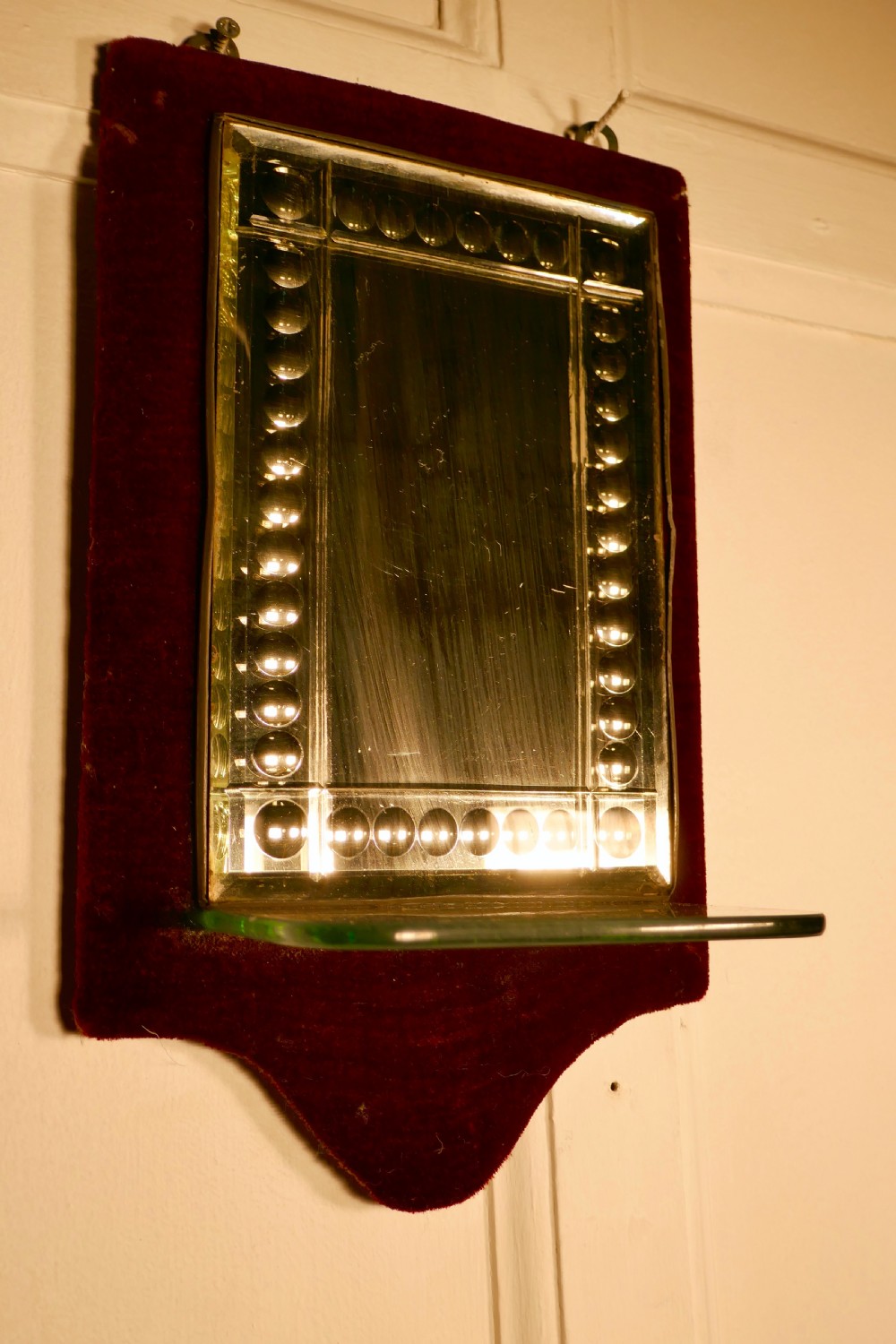 Charming Pair of French Red Velvet Boudoir Shelved Wall Mirrors View VI