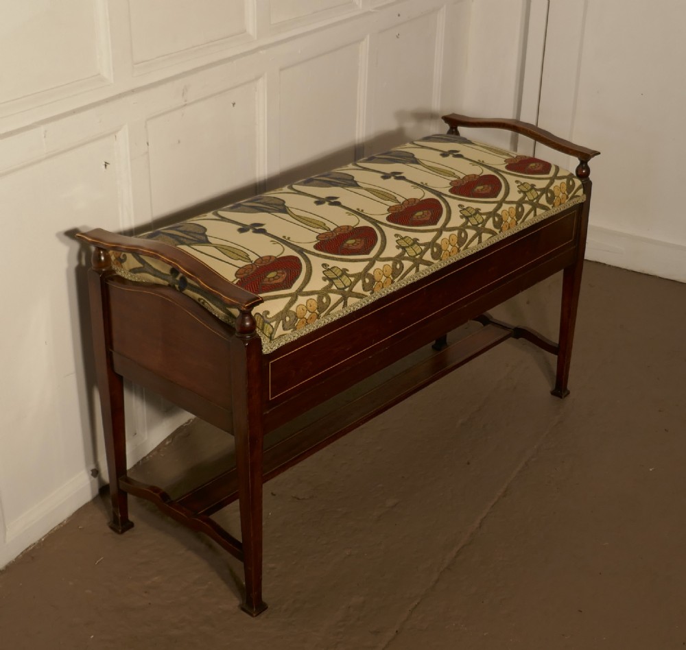 Edwardian Arts and Crafts Inlaid Mahogany Duet Piano Stool