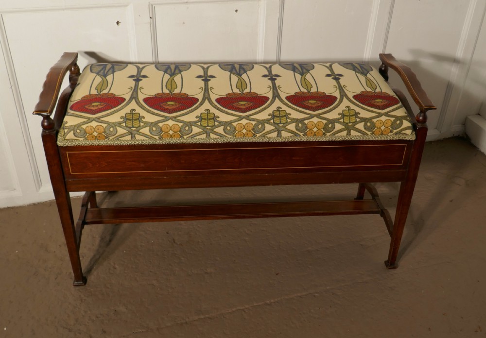 Edwardian Arts and Crafts Inlaid Mahogany Duet Piano Stool View II