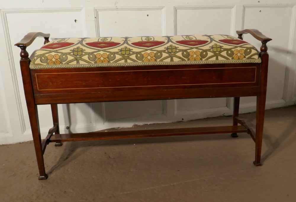 Edwardian Arts and Crafts Inlaid Mahogany Duet Piano Stool View III