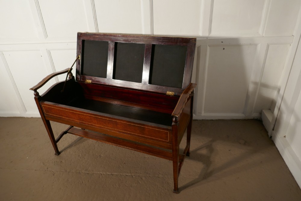 Edwardian Arts and Crafts Inlaid Mahogany Duet Piano Stool View V