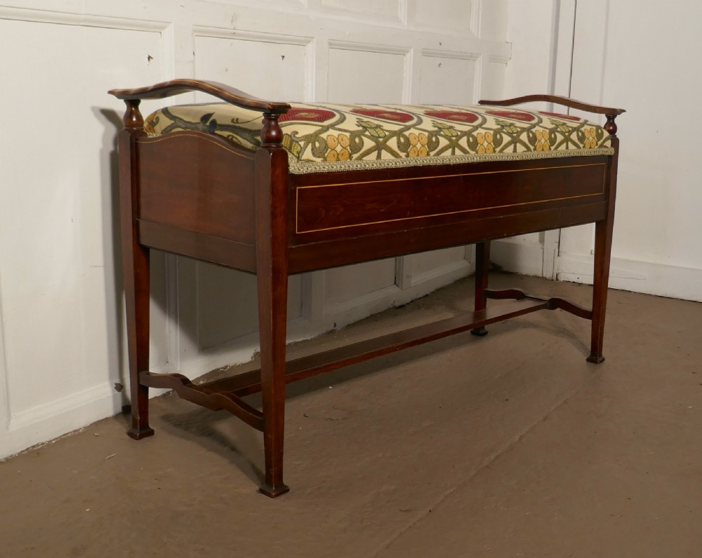 Edwardian Arts and Crafts Inlaid Mahogany Duet Piano Stool View VI