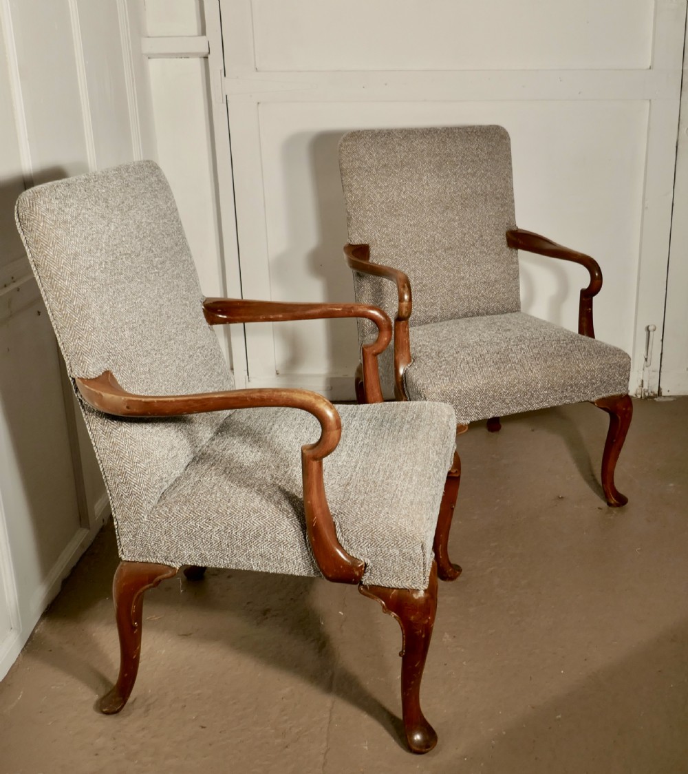 A pair of Elegant Edwardian Tweed Upholstered Fireside Chairs 