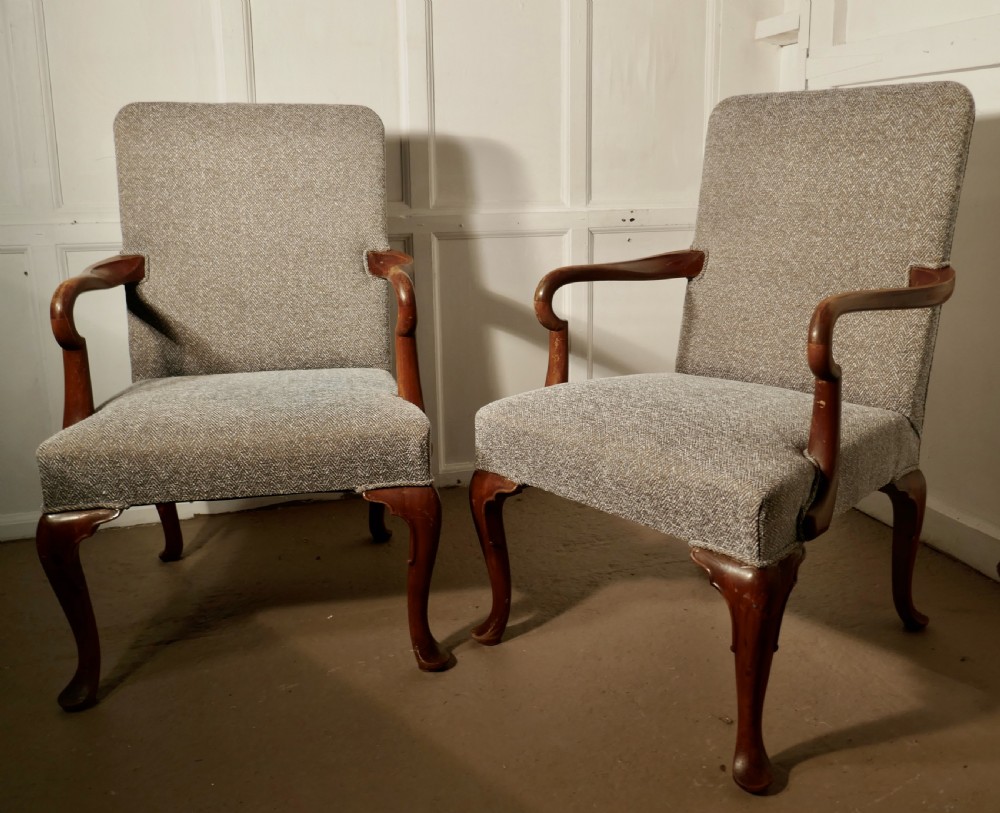 A pair of Elegant Edwardian Tweed Upholstered Fireside Chairs  View IV
