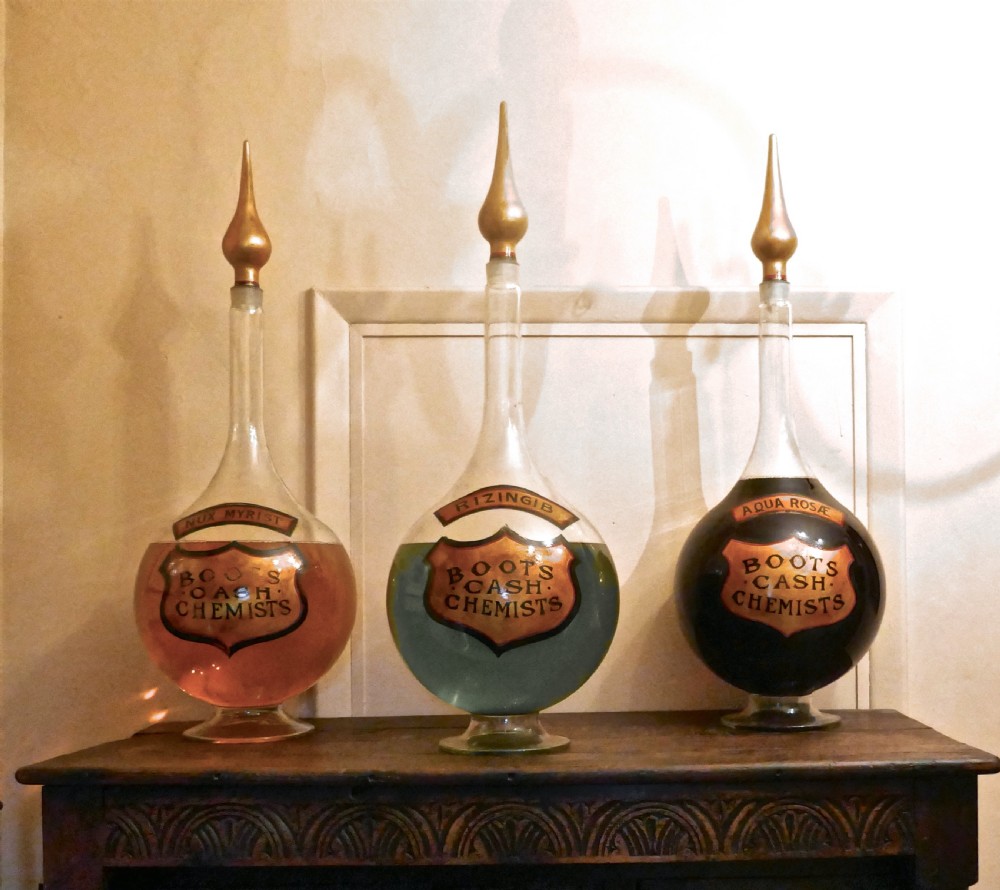 A Trio of Very Large Antique Apothecary or Old Chemist Jars Shop Display  