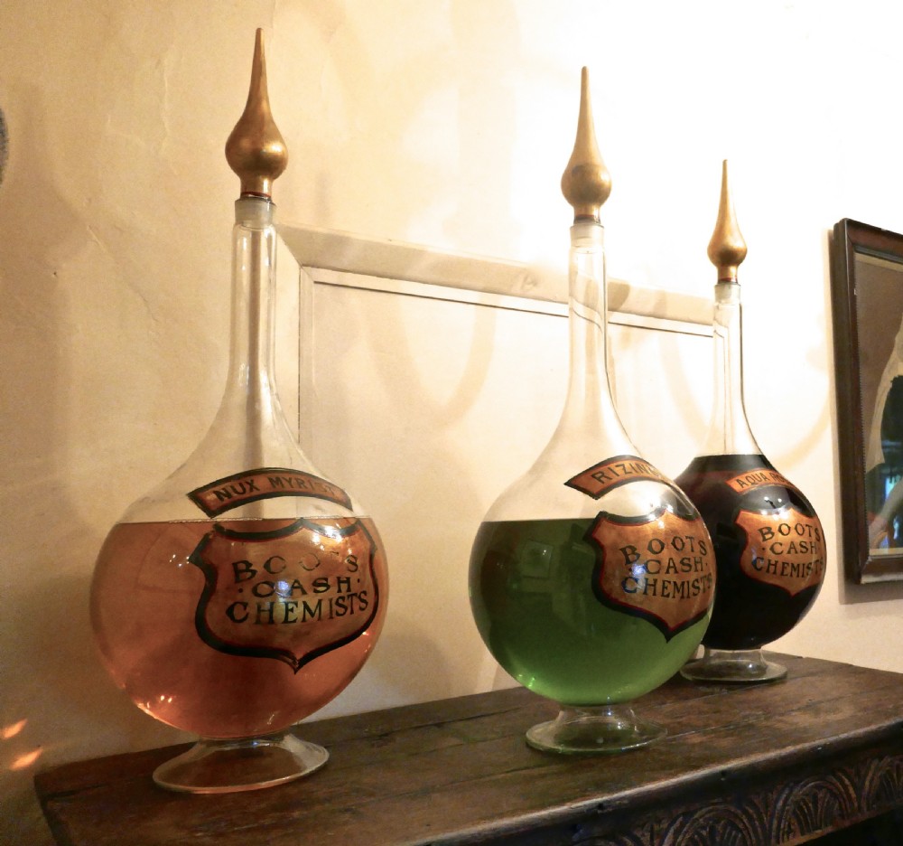 A Trio of Very Large Antique Apothecary or Old Chemist Jars Shop Display   View VII