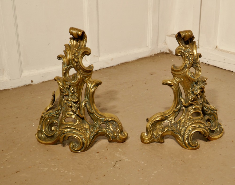 Large French Rococo Brass Extending Fender with Decorative Chenets  View II