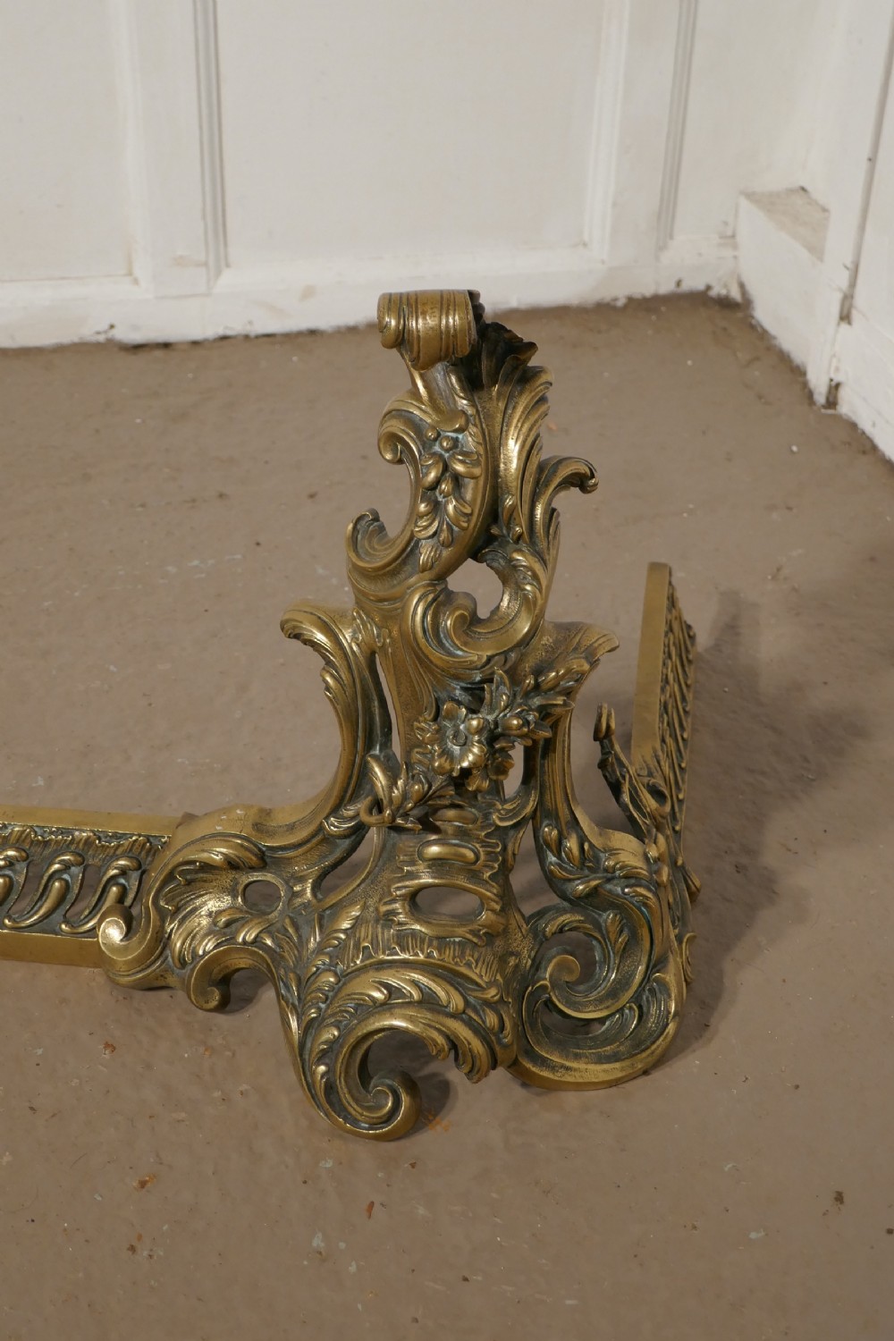 Large French Rococo Brass Extending Fender with Decorative Chenets  View VIII